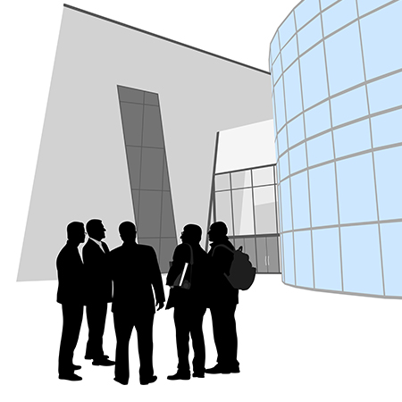 business people outside of modern office graphic